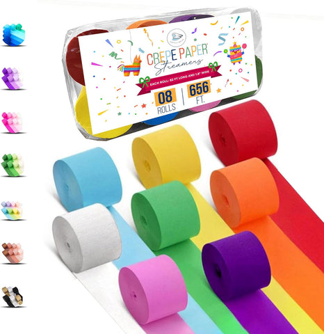 8 Crepe Paper Streamers Rolls, 656ft Pack of Unique 8 Rainbow Streamers Party Decorations, Birthday Streamers, Party Streamers for Wedding Decoration (1.8 inch x 82 ft/Roll)