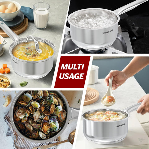 SUNHOUSE 1.5 Quart Sauce Pan, Stainless Steel Sauce Pan With Lid, Advanced Impact Bonding Technology, Stay-Cool Handle, Dishwasher Safe, Compatible with All Cooktops, PFOA Free