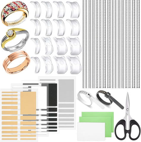 100 Pcs Ring Sizer Adjuster for Loose Rings with Ring Size Measuring Tool, Plug-in Invisible Ring Guards Silicone Tightener EVA Foam Ring Size Adjuster Set with Polishing Cloth