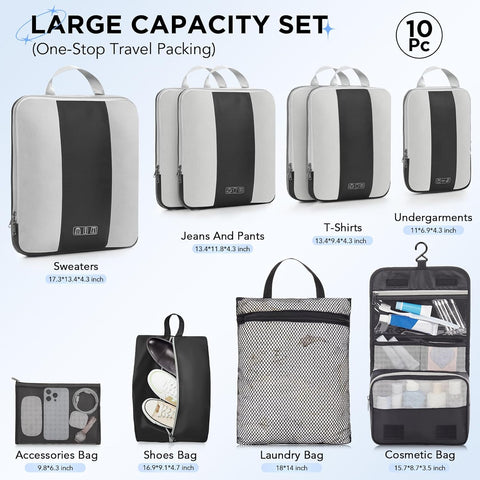 10 Set Compression Packing Cubes for Travel Essentials,Compressible Expandable Packing Cubes for Suitcase,OlarHike Luggage Organizer Bags for Travel,Handy Helper for Organizing Clothes(Black)
