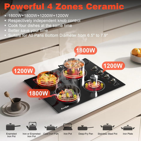 24 Inch Electric Cooktop - 4 Burner Built-in Glass Ceramic Stovetop 6000W, 220-240V Electric Stove Touch and Knob Control, Safety Lock, Pause, 99 Min Timer, 240V Hard Wire(No Plug)