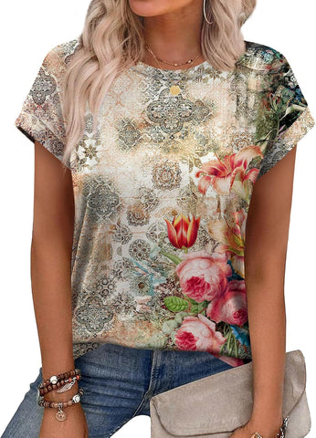 Alaroo Womens Summer Tops Short Sleeve Shirts Crew Neck Cute Trendy Tunic Blouses (S-3XL)