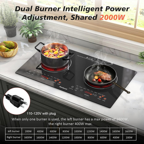 2 Burner Electric Cooktop 110v, 24 Inch Electric Stove Countertop & Built-in, Plug-in Electrics Cooktop, 8 Power Levels & 8 Functions, Touch Control, Safety Lock, Timer, 2000W, Karienvir
