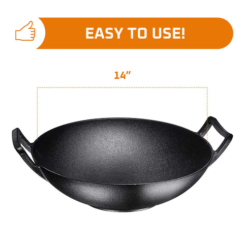 14 Inch Blue Enameled Cast Iron Wok/Pot - Bruntmor Nonstick Skillet Pan with Large Loop Handles for Versatile Cooking - Oven Safe & Electric Stovetop Compatible - Indoor and Outdoor Culinary Essential