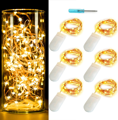 6 Pack Fairy Lights Battery Operated with Timer 2PCS Remote 6.5ft 20LED Warm White Twinkle Lights Waterproof Silver Wire Fireflies Lights DIY Mason Jar Wedding Party Christmas Centerpiece Table Deco