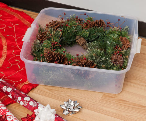 33 Quart Christmas Wreath Storage Container Box with Lid, 3-Pack, Stackable Under Bed Storage Organizer Bin with Latching Buckles for 20" Wreaths Christmas Decorations Garlands, Clear/Red