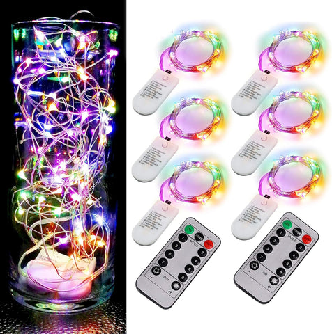 6 Pack Fairy Lights Battery Operated with Timer 2PCS Remote 6.5ft 20LED Warm White Twinkle Lights Waterproof Silver Wire Fireflies Lights DIY Mason Jar Wedding Party Christmas Centerpiece Table Deco