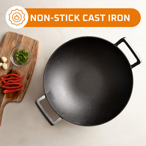 14 Inch Blue Enameled Cast Iron Wok/Pot - Bruntmor Nonstick Skillet Pan with Large Loop Handles for Versatile Cooking - Oven Safe & Electric Stovetop Compatible - Indoor and Outdoor Culinary Essential