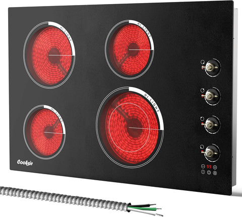 24 Inch Electric Cooktop - 4 Burner Built-in Glass Ceramic Stovetop 6000W, 220-240V Electric Stove Touch and Knob Control, Safety Lock, Pause, 99 Min Timer, 240V Hard Wire(No Plug)