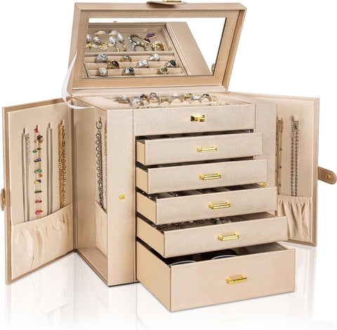 AKOZLIN Huge Jewelry Box Organizer Functional Lockable, Large Leather Jewelry Storage Case for Women Girls Ring Necklace Earring Bracelet Holder Organizer with Mirror