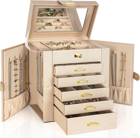 AKOZLIN Huge Jewelry Box Organizer Functional Lockable, Large Leather Jewelry Storage Case for Women Girls Ring Necklace Earring Bracelet Holder Organizer with Mirror