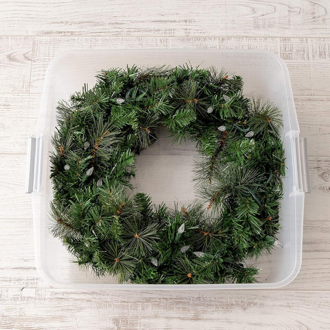 33 Quart Christmas Wreath Storage Container Box with Lid, 3-Pack, Stackable Under Bed Storage Organizer Bin with Latching Buckles for 20" Wreaths Christmas Decorations Garlands, Clear/Red